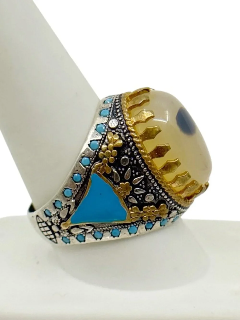 CG Turkish 925 sterling silver & brass Agate enamel Ottoman style ring - GM1244
